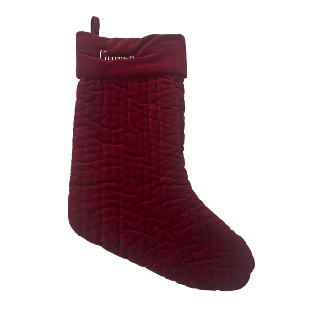 POTTERY BARN RED QUILTED VELVET CHRISTMAS STOCKING LAUREN MONO FAST SHIPPING